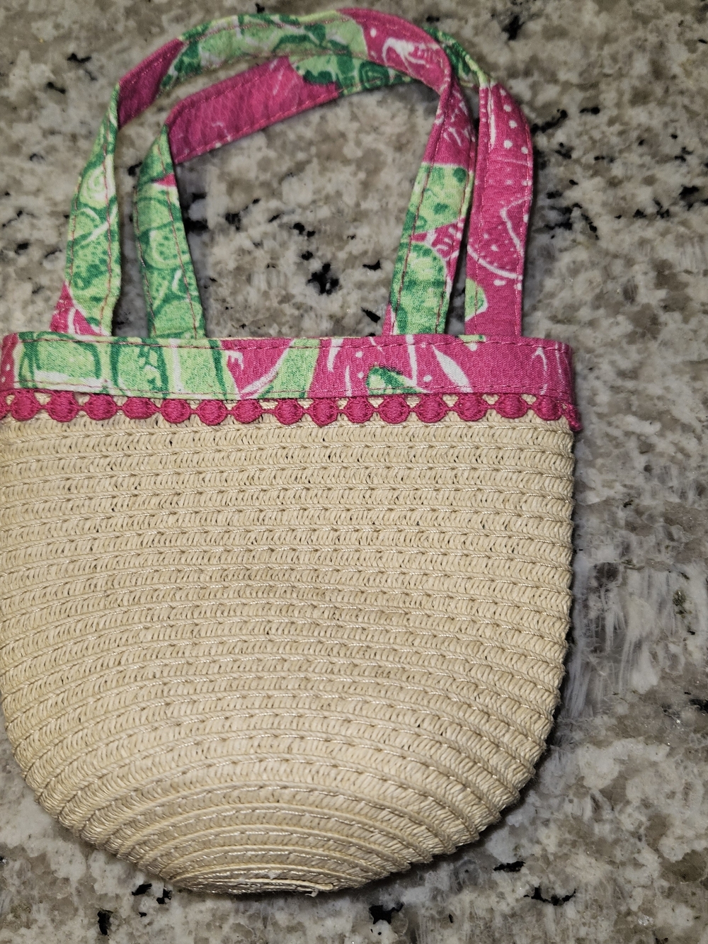 Tommy Bahama Mini Girls Straw Tote Bag with Pink & Green Trim
